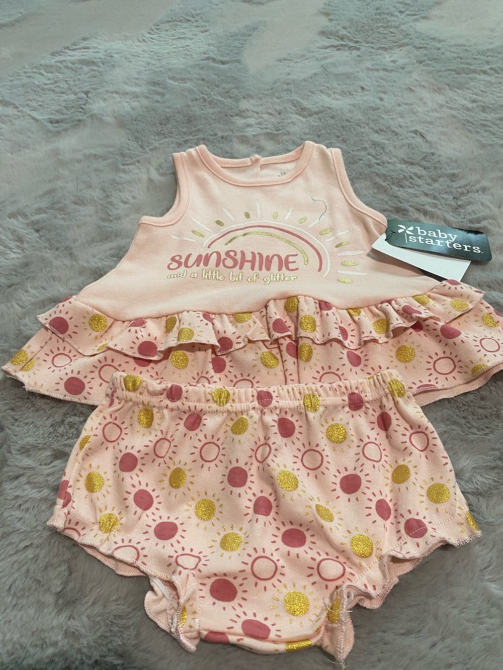 Baby Starters Pink & Gold Sunshine Ruffle Dress with Bloomers